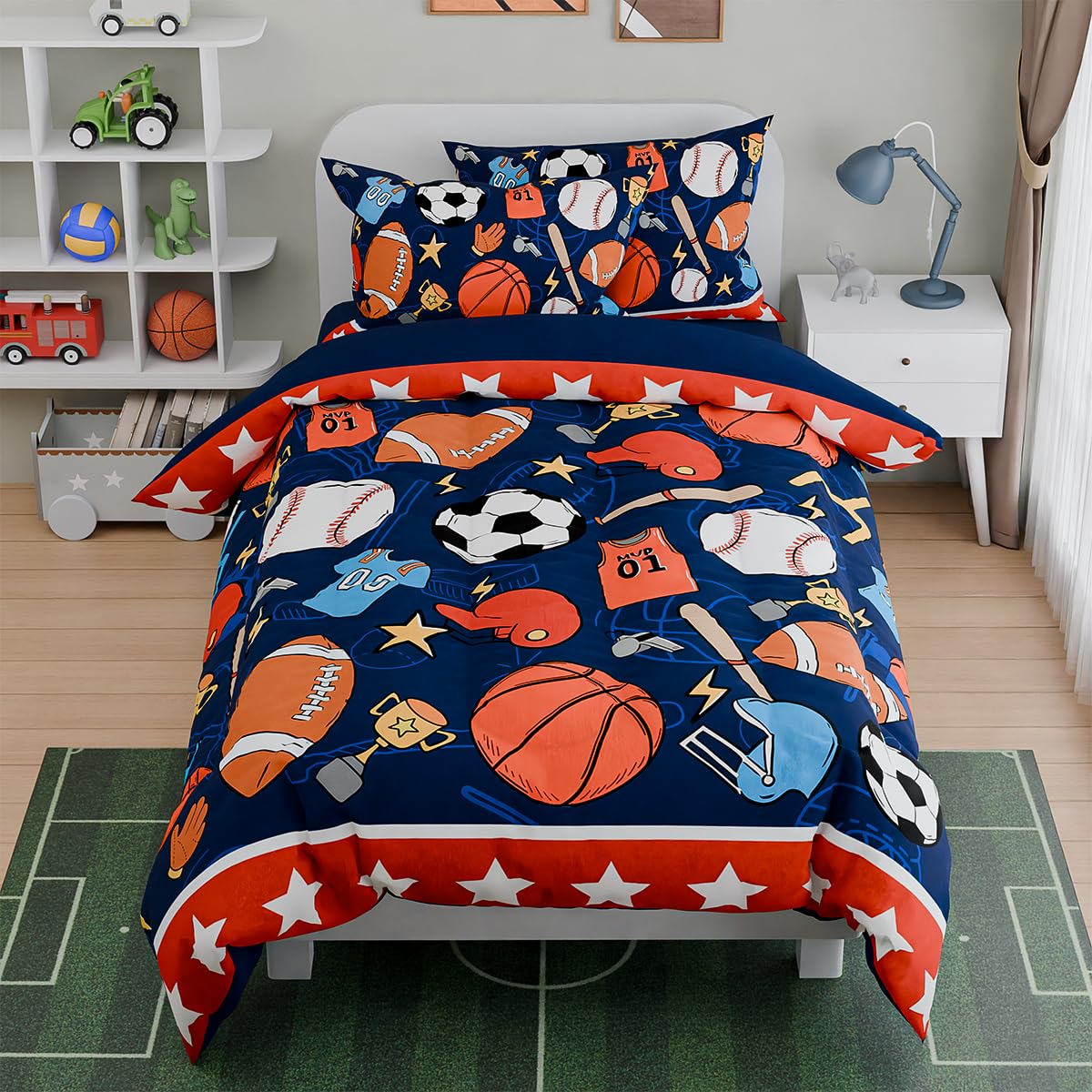 Sandjest Sports Bedding Sets For Boys, Ultra Soft Microfiber Comforter Full Size Set With 4-Pieces, Comforters For Kids Children